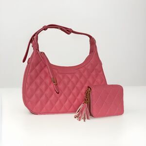 Pink Faux Leather Shoulder Bag & Wallet Set | Gold Hardware | Y2K Vibe Purse